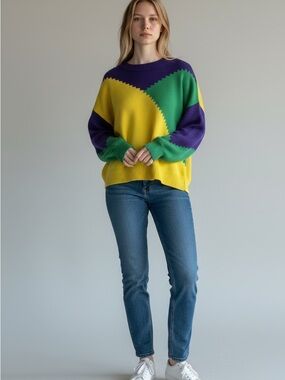 Vine & Love Mardi Gras Crewneck Sweater in Yellow, Green & Purple